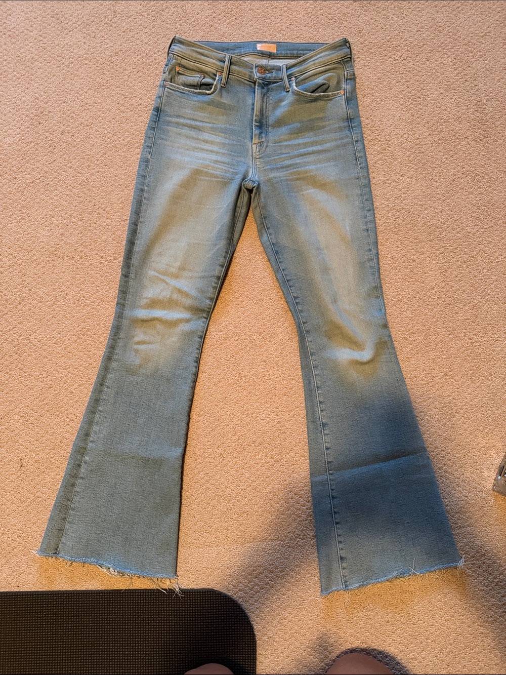 MOTHER Weekender Fray Faded Light Blue High-Rise Flare Jeans